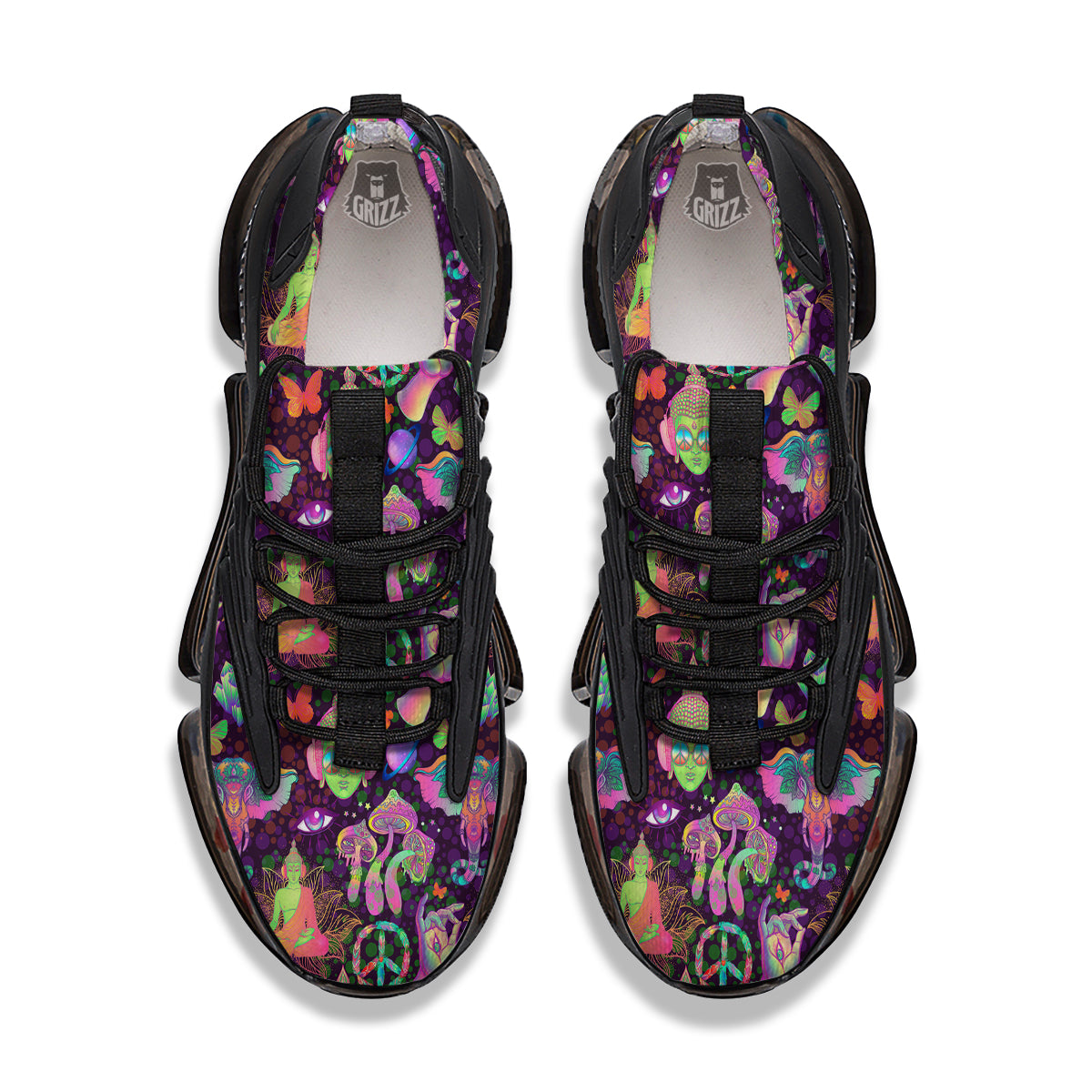 Psychedelic Trippy Drug Cartoon Print Pattern Black Gym Shoes-grizzshop