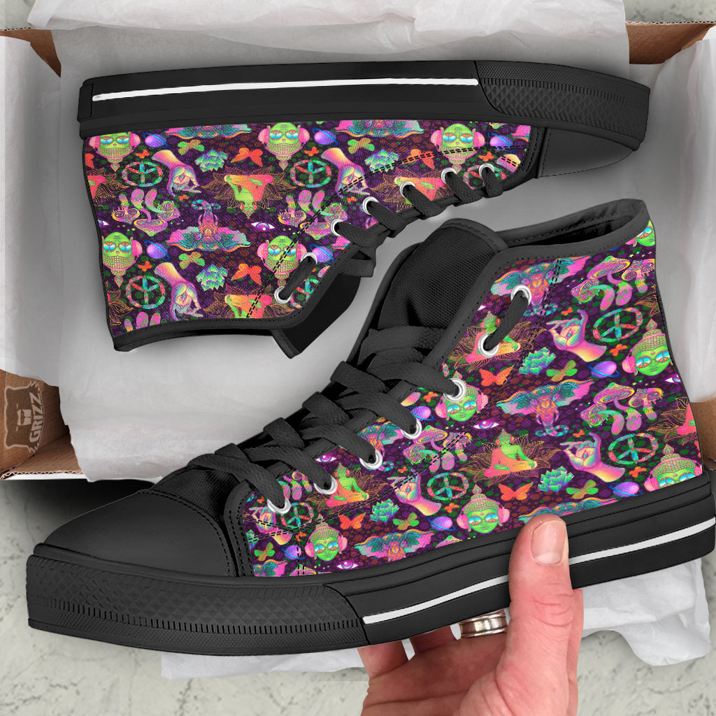 Psychedelic Trippy Drug Cartoon Print Pattern Black High Top Shoes-grizzshop