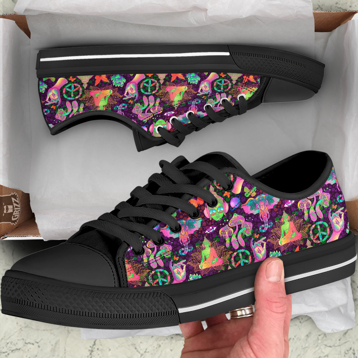 Psychedelic Trippy Drug Cartoon Print Pattern Black Low Top Shoes-grizzshop
