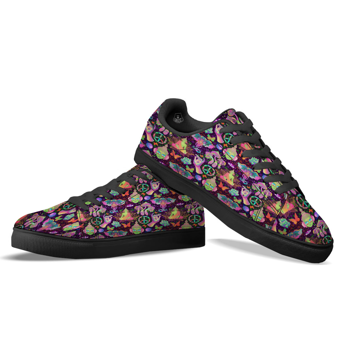 Psychedelic Trippy Drug Cartoon Print Pattern Black Low Top Sneakers-grizzshop