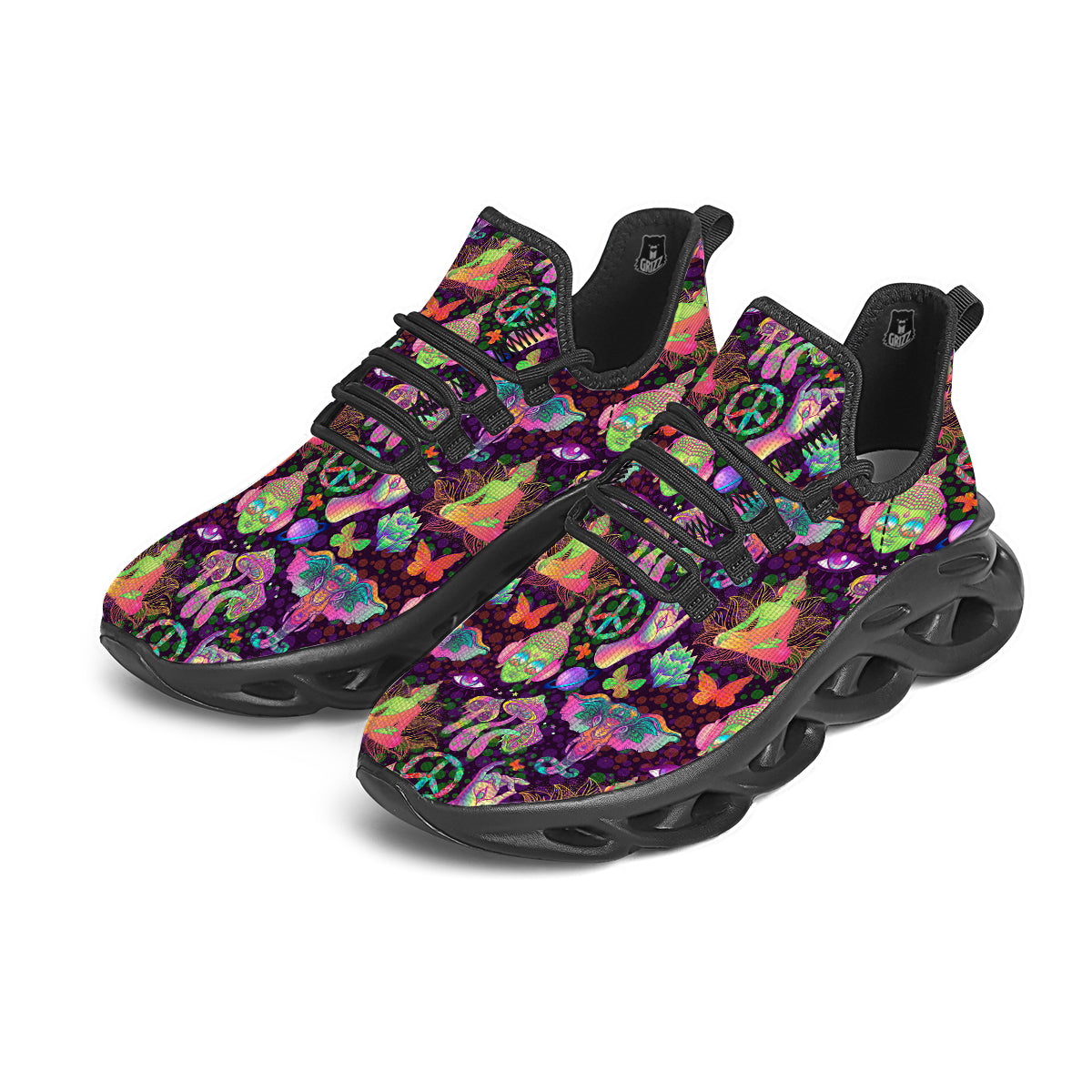 Psychedelic Trippy Drug Cartoon Print Pattern Black Running Shoes-grizzshop
