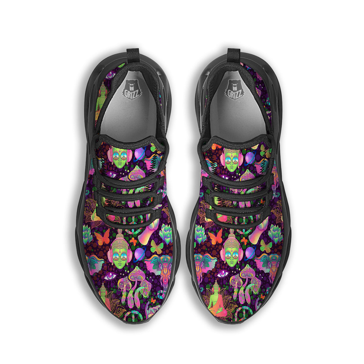 Psychedelic Trippy Drug Cartoon Print Pattern Black Running Shoes-grizzshop