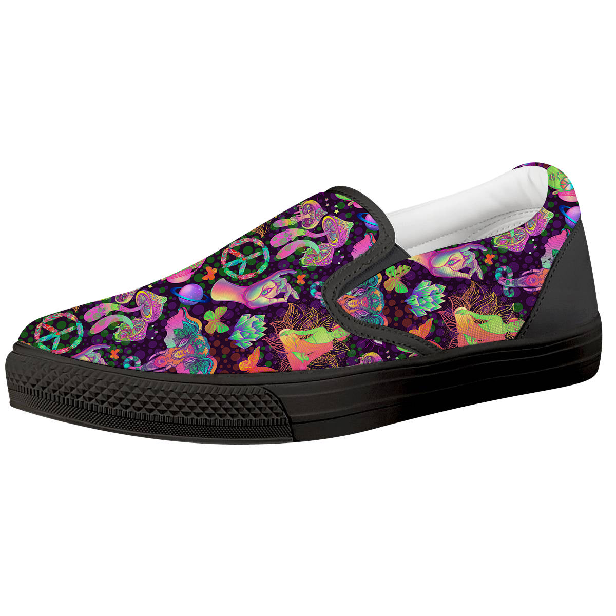 Psychedelic Trippy Drug Cartoon Print Pattern Black Slip On Shoes-grizzshop