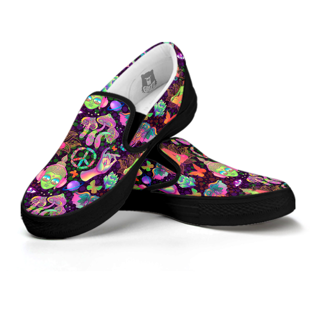 Psychedelic Trippy Drug Cartoon Print Pattern Black Slip On Shoes-grizzshop