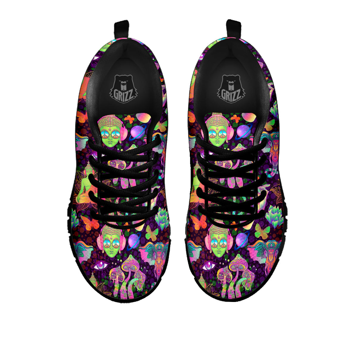 Psychedelic Trippy Drug Cartoon Print Pattern Black Sneaker-grizzshop
