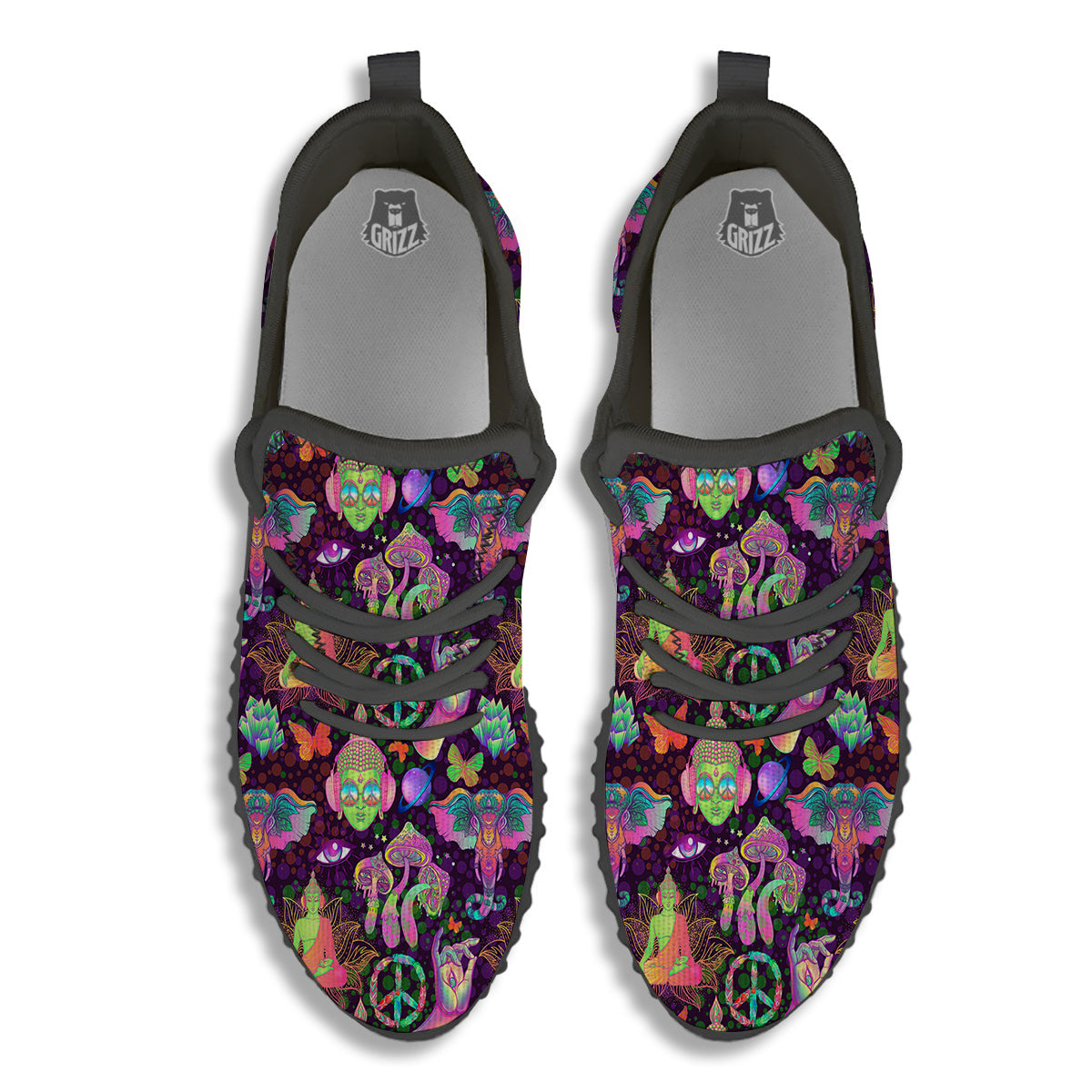 Psychedelic Trippy Drug Cartoon Print Pattern Black Walking Shoes-grizzshop
