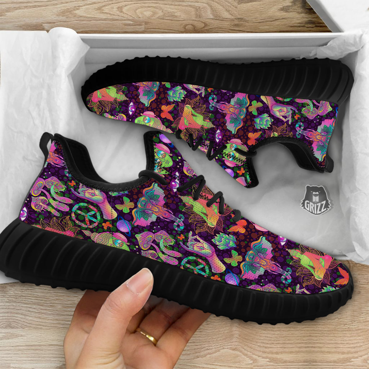 Psychedelic Trippy Drug Cartoon Print Pattern Black Walking Shoes-grizzshop