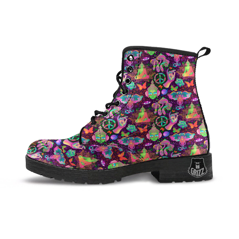 Psychedelic Trippy Drug Cartoon Print Pattern Leather Boots-grizzshop