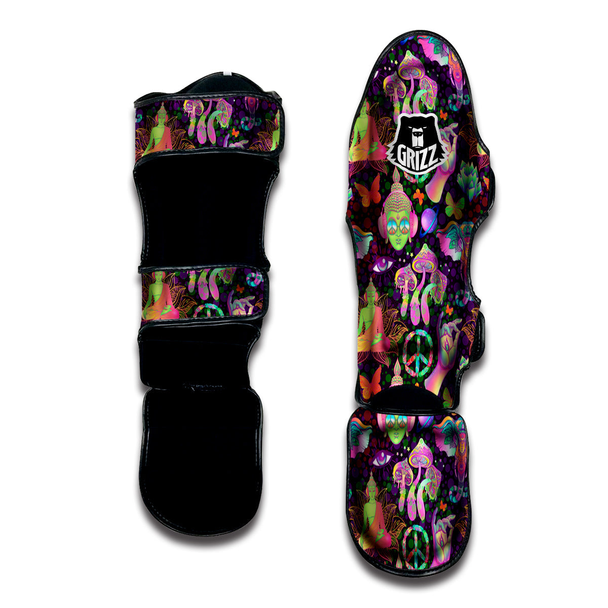 Psychedelic Trippy Drug Cartoon Print Pattern Muay Thai Shin Guards-grizzshop