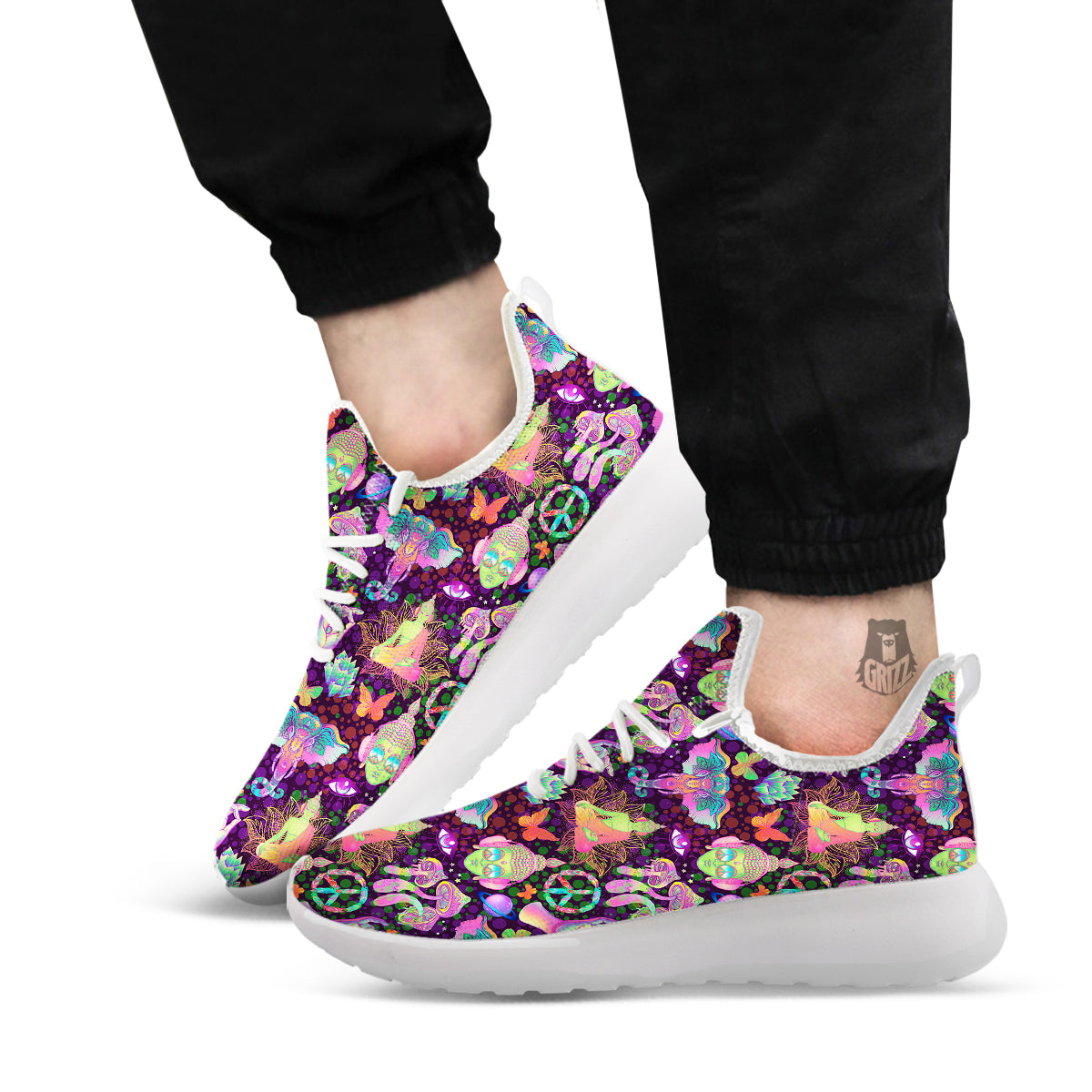 Psychedelic Trippy Drug Cartoon Print Pattern White Athletic Shoes-grizzshop