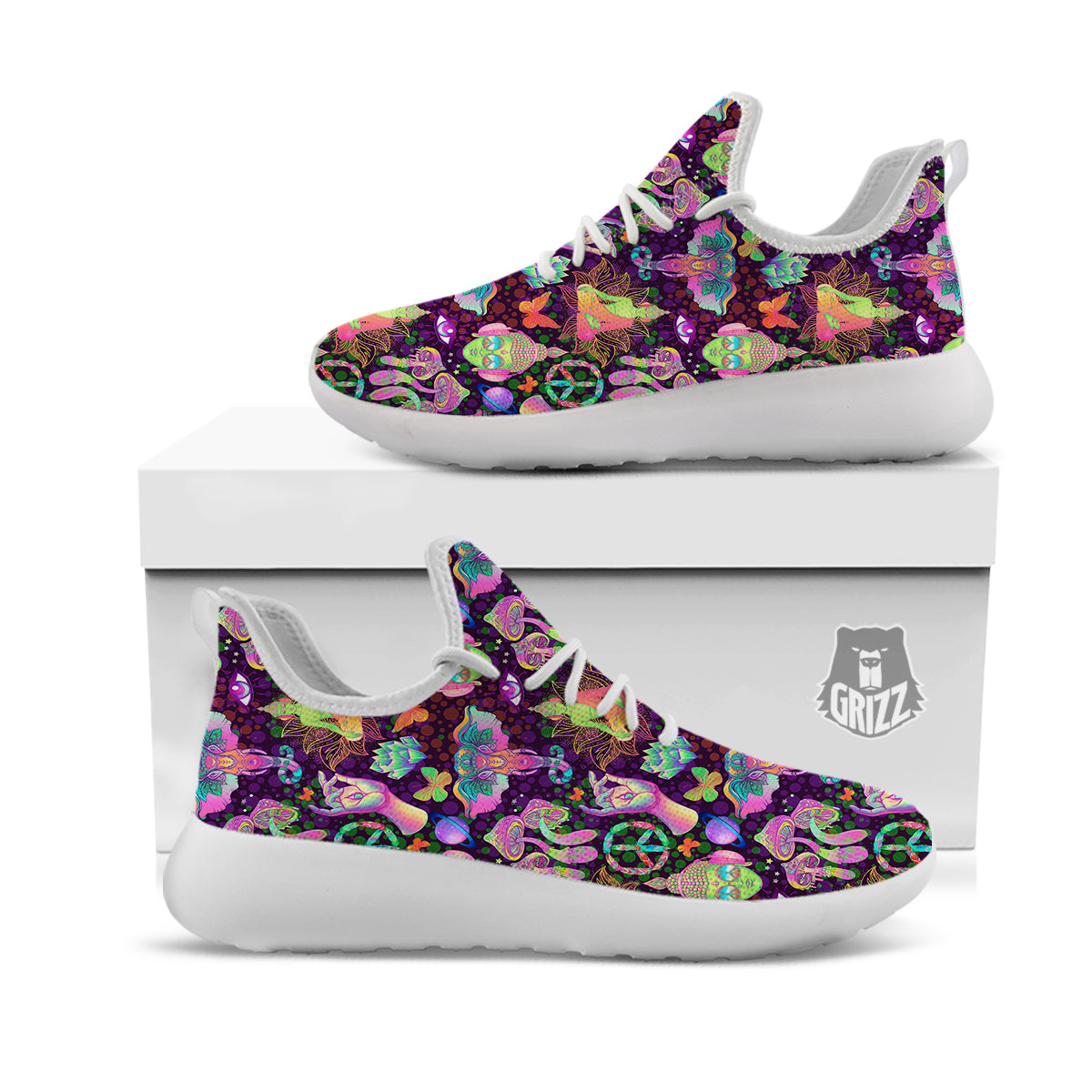 Psychedelic Trippy Drug Cartoon Print Pattern White Athletic Shoes-grizzshop