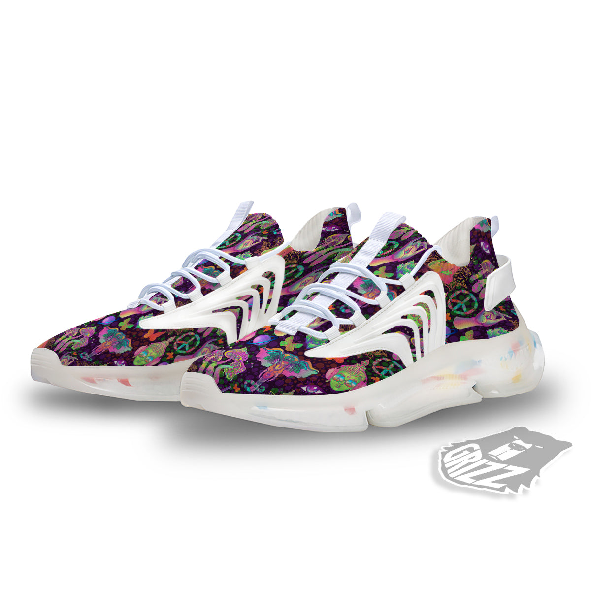 Psychedelic Trippy Drug Cartoon Print Pattern White Gym Shoes-grizzshop