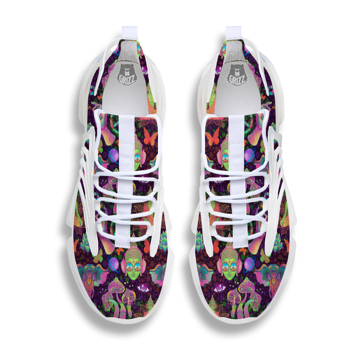 Psychedelic Trippy Drug Cartoon Print Pattern White Gym Shoes-grizzshop