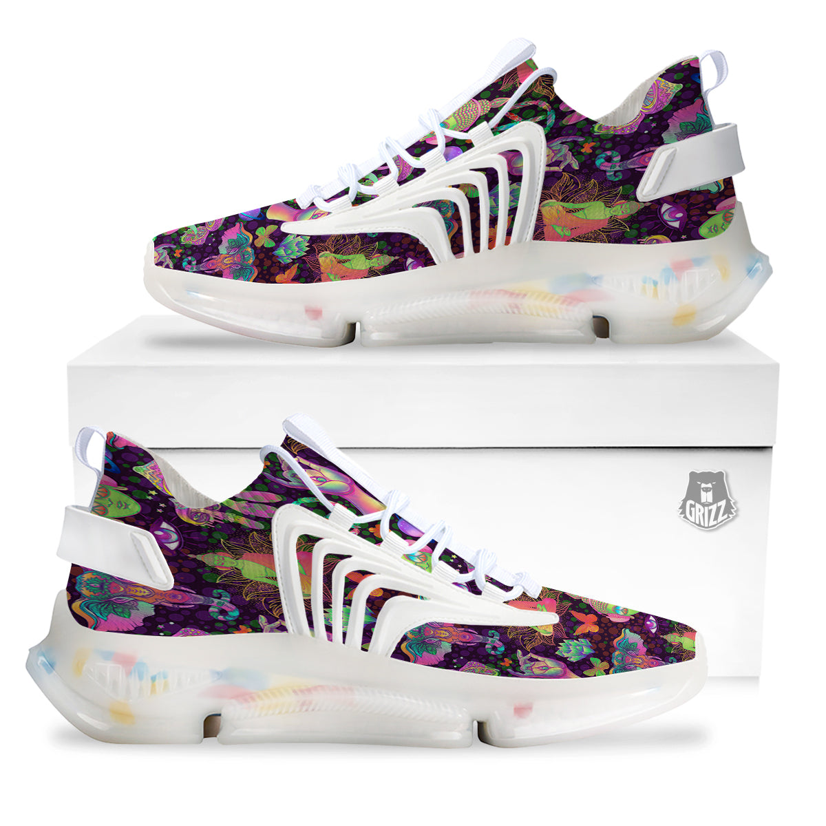 Psychedelic Trippy Drug Cartoon Print Pattern White Gym Shoes-grizzshop