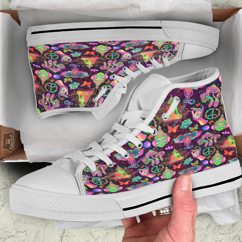 Psychedelic Trippy Drug Cartoon Print Pattern White High Top Shoes-grizzshop