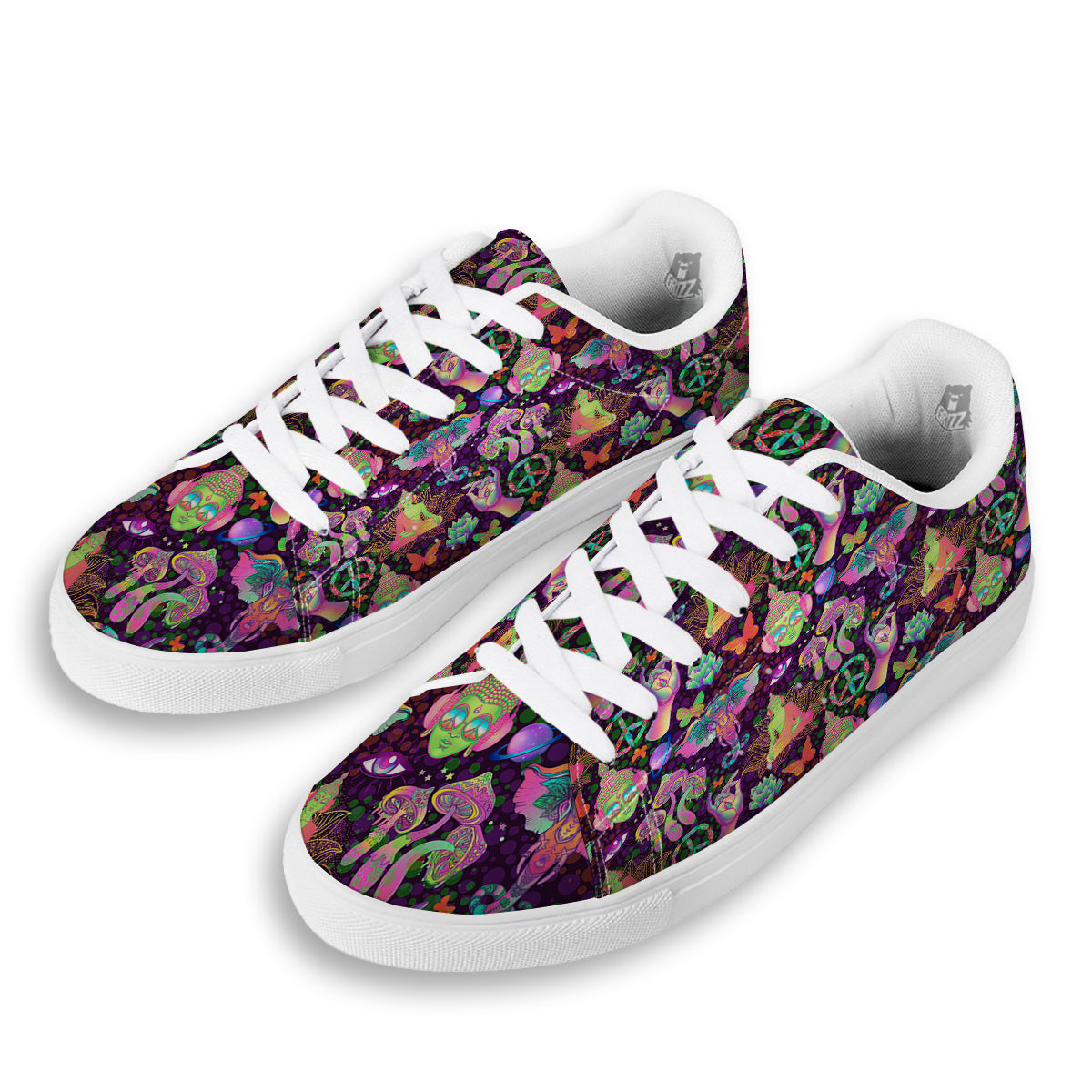 Psychedelic Trippy Drug Cartoon Print Pattern White Low Top Sneakers-grizzshop