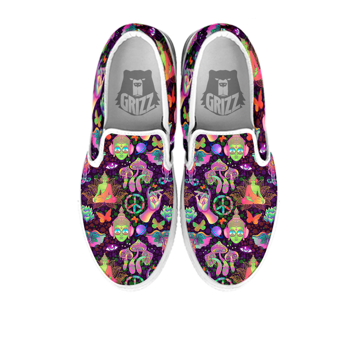 Psychedelic Trippy Drug Cartoon Print Pattern White Slip On Shoes-grizzshop