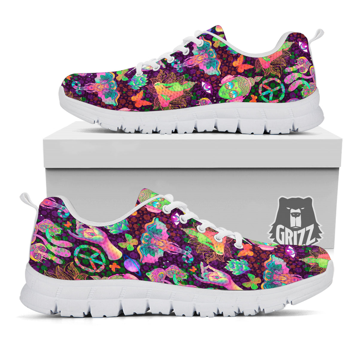 Psychedelic Trippy Drug Cartoon Print Pattern White Sneaker-grizzshop
