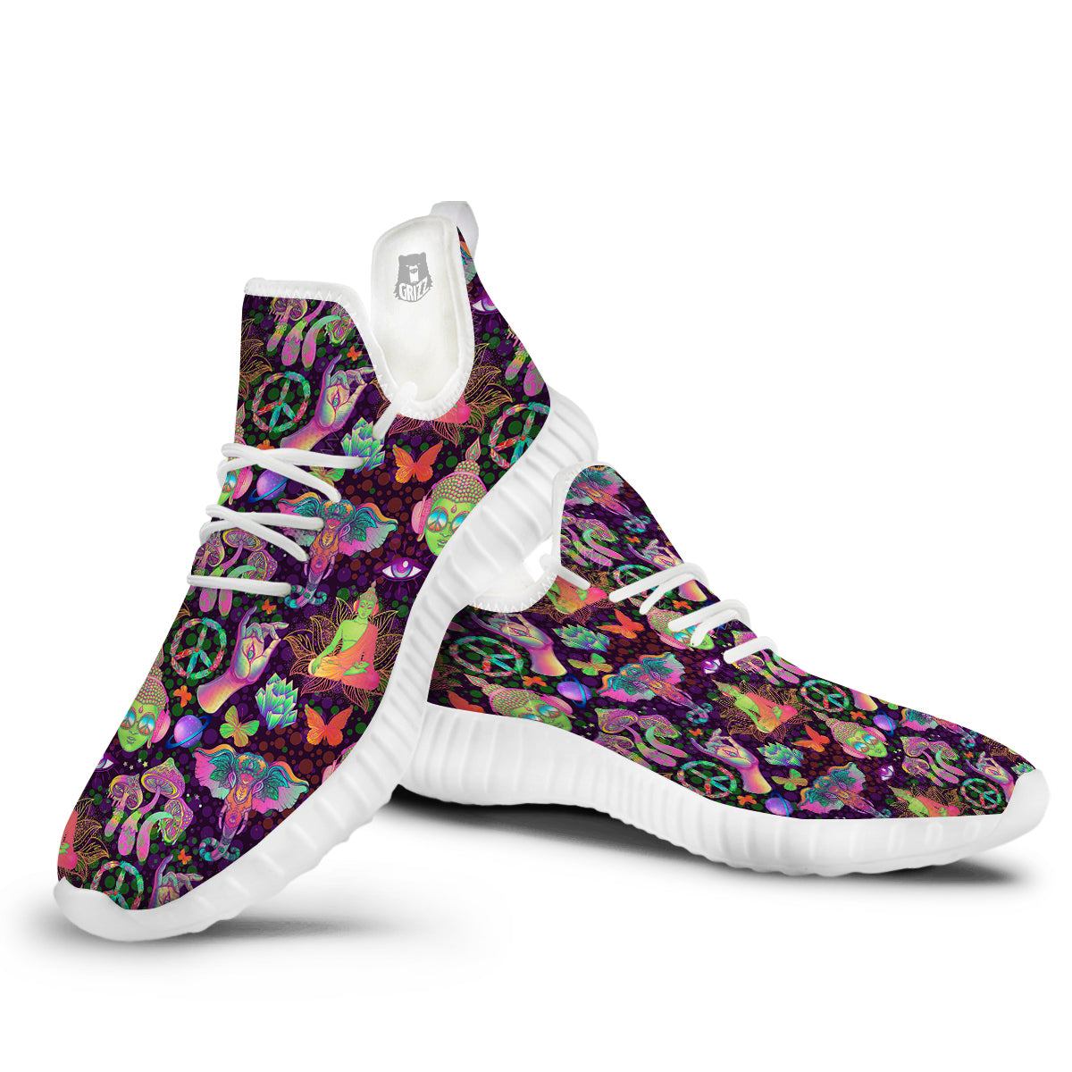 Psychedelic Trippy Drug Cartoon Print Pattern White Walking Shoes-grizzshop