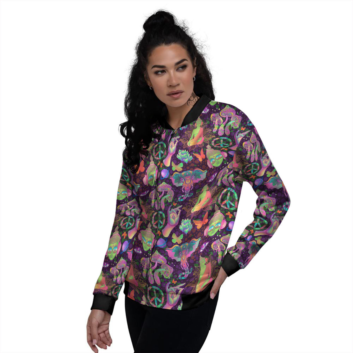 Psychedelic Trippy Drug Cartoon Print Pattern Women's Bomber Jacket-grizzshop