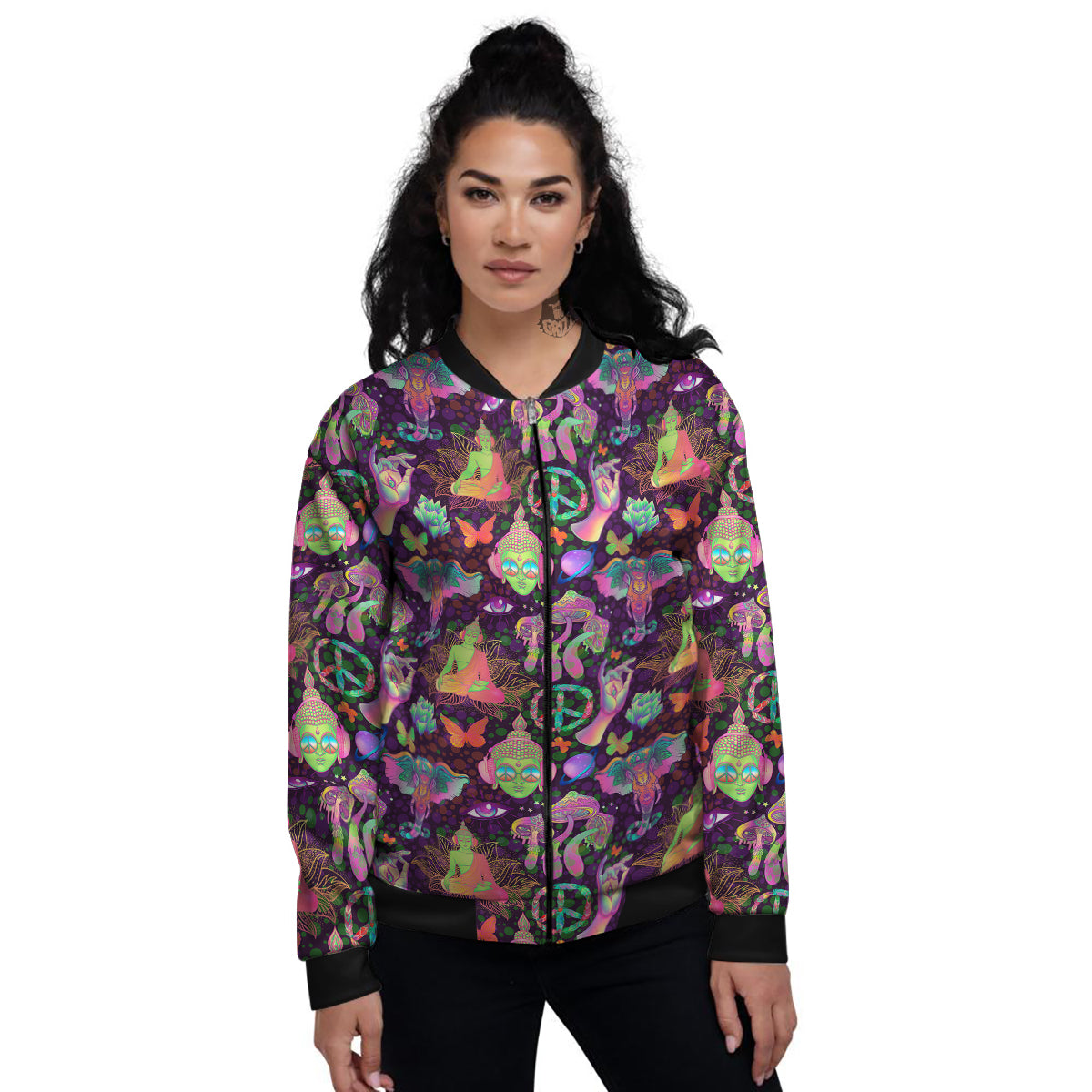 Psychedelic Trippy Drug Cartoon Print Pattern Women's Bomber Jacket-grizzshop