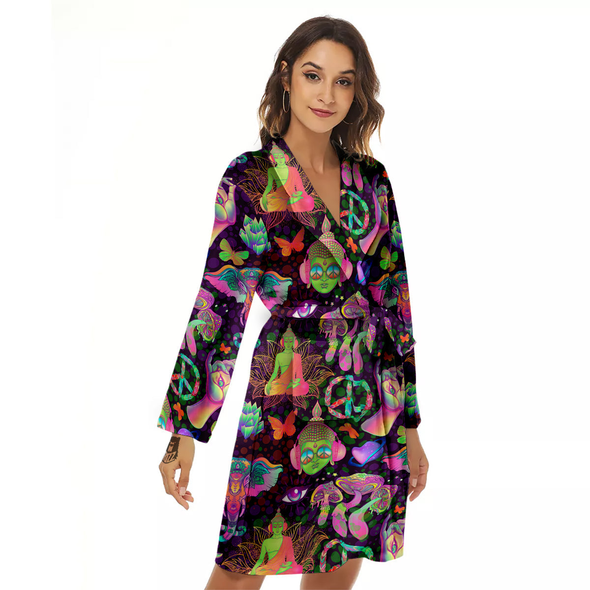Psychedelic Trippy Drug Cartoon Print Pattern Women's Robe-grizzshop