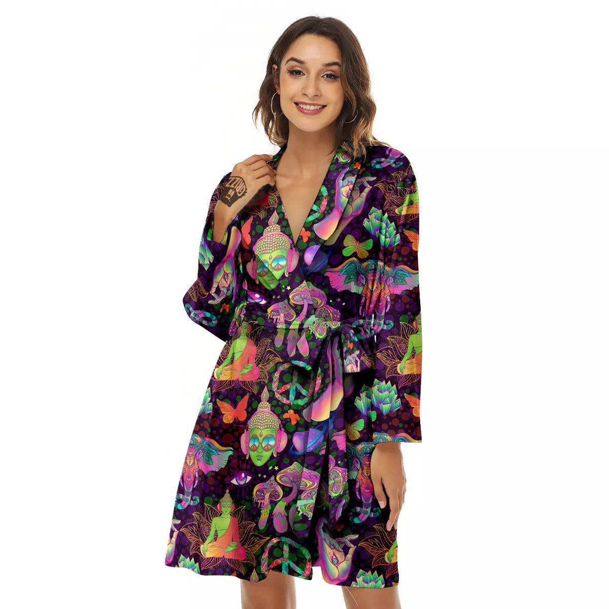 Psychedelic Trippy Drug Cartoon Print Pattern Women's Robe-grizzshop