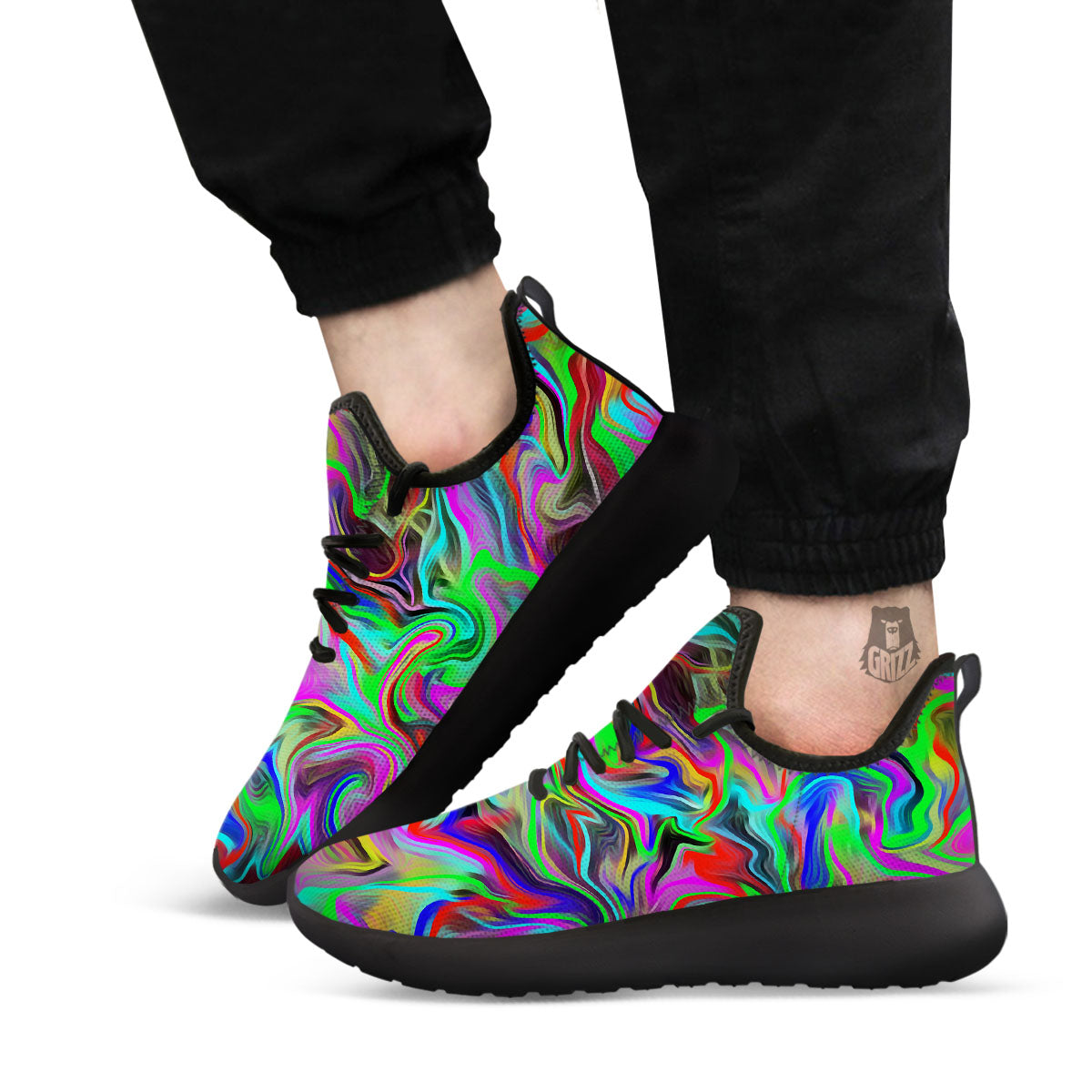 Psychedelic Trippy Neon Green Print Black Athletic Shoes-grizzshop