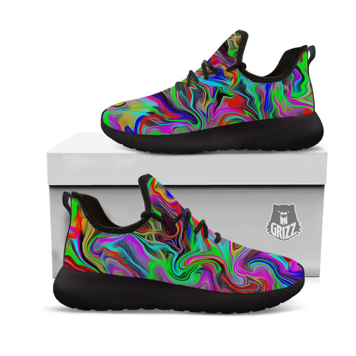 Psychedelic Trippy Neon Green Print Black Athletic Shoes-grizzshop