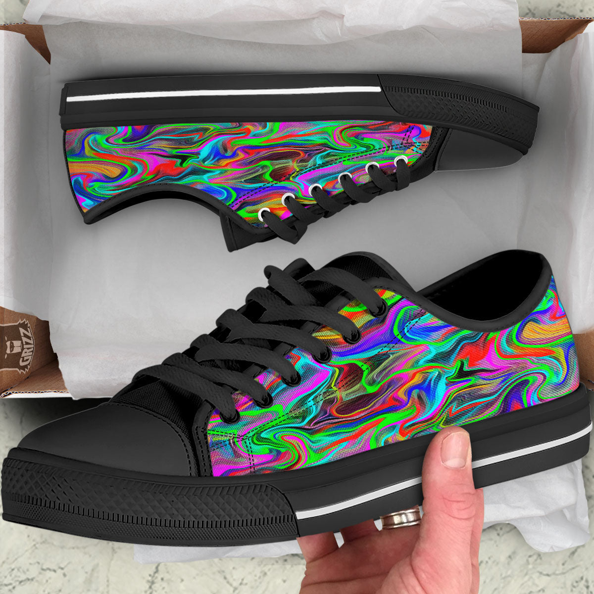 Psychedelic Trippy Neon Green Print Black Low Top Shoes-grizzshop