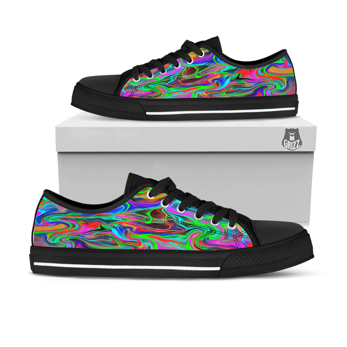 Psychedelic Trippy Neon Green Print Black Low Top Shoes-grizzshop