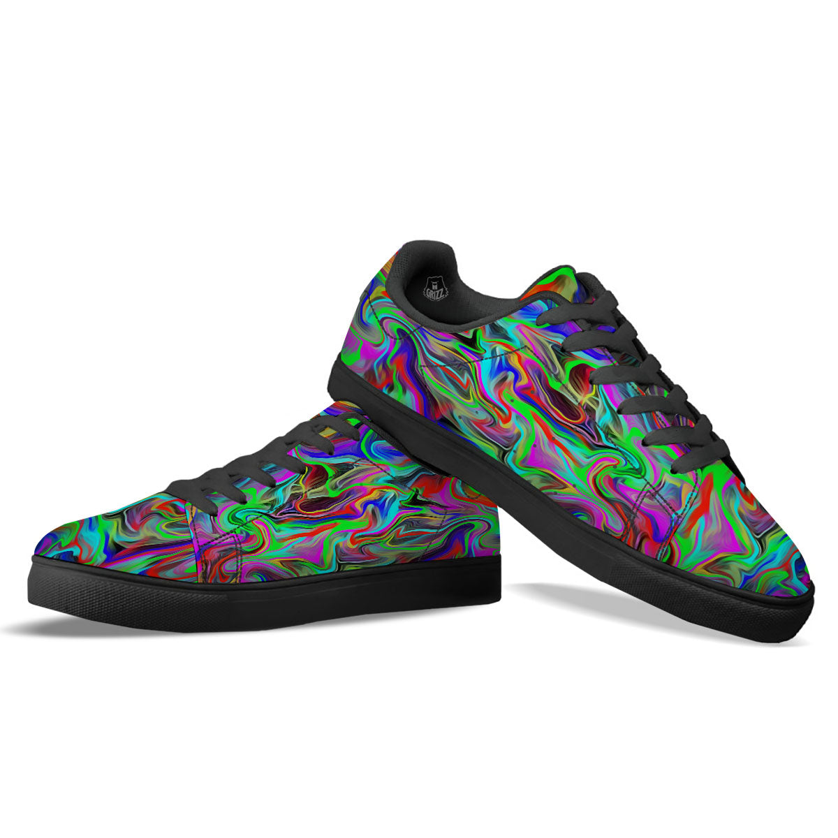 Psychedelic Trippy Neon Green Print Black Low Top Sneakers-grizzshop