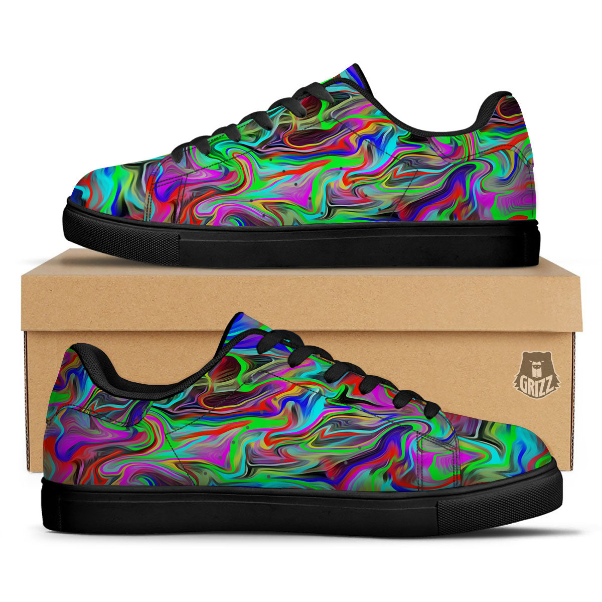Psychedelic Trippy Neon Green Print Black Low Top Sneakers-grizzshop