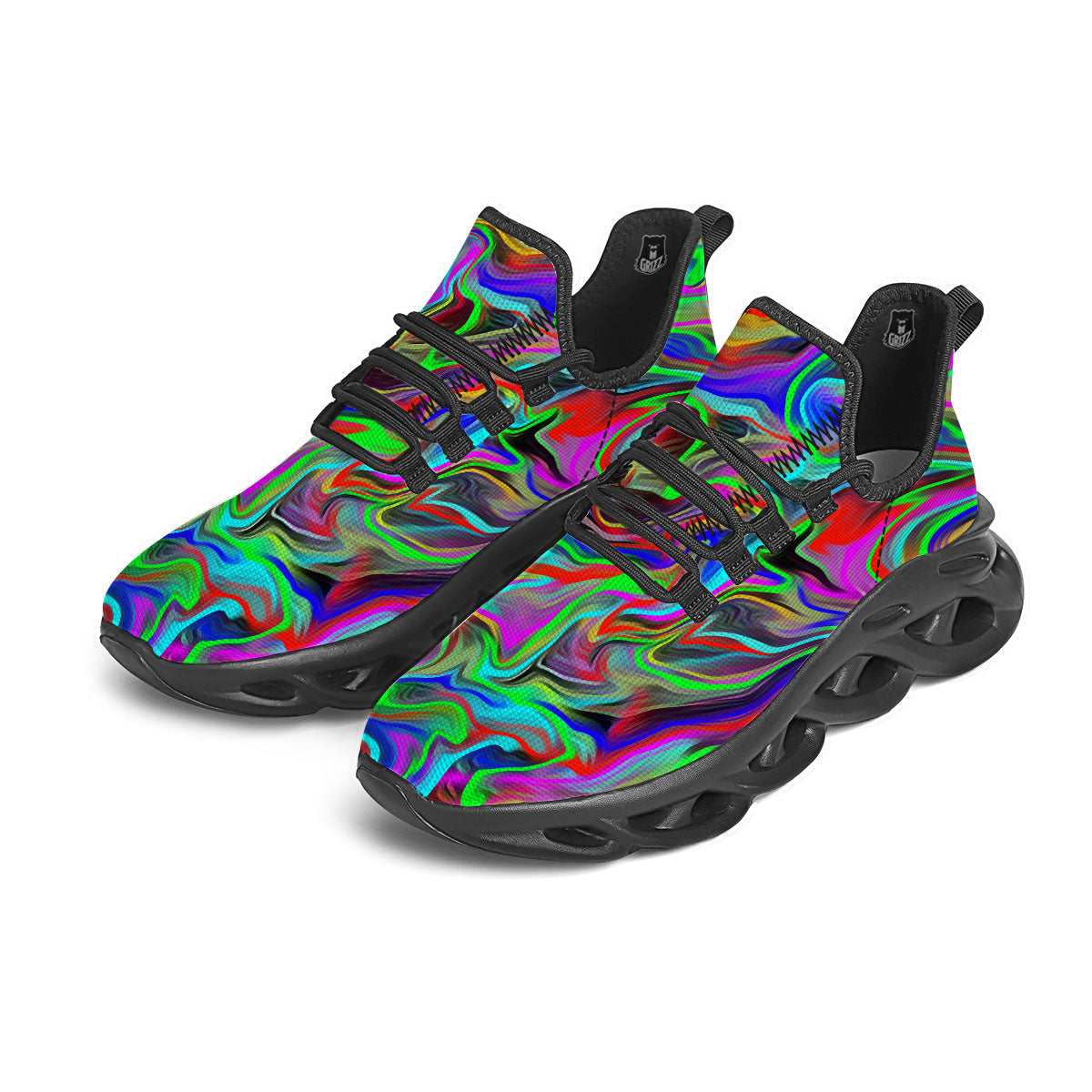 Psychedelic Trippy Neon Green Print Black Running Shoes-grizzshop