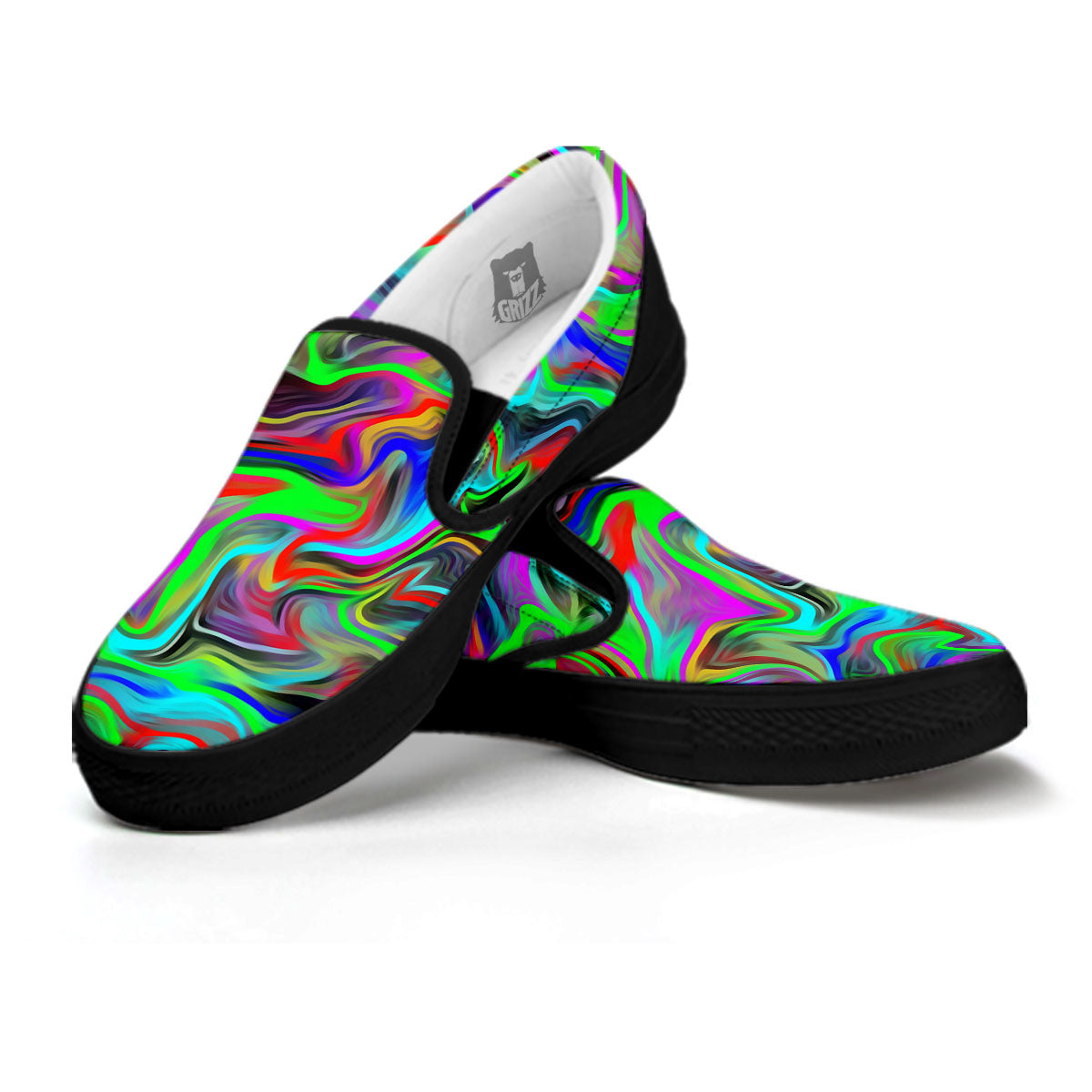 Psychedelic Trippy Neon Green Print Black Slip On Shoes-grizzshop