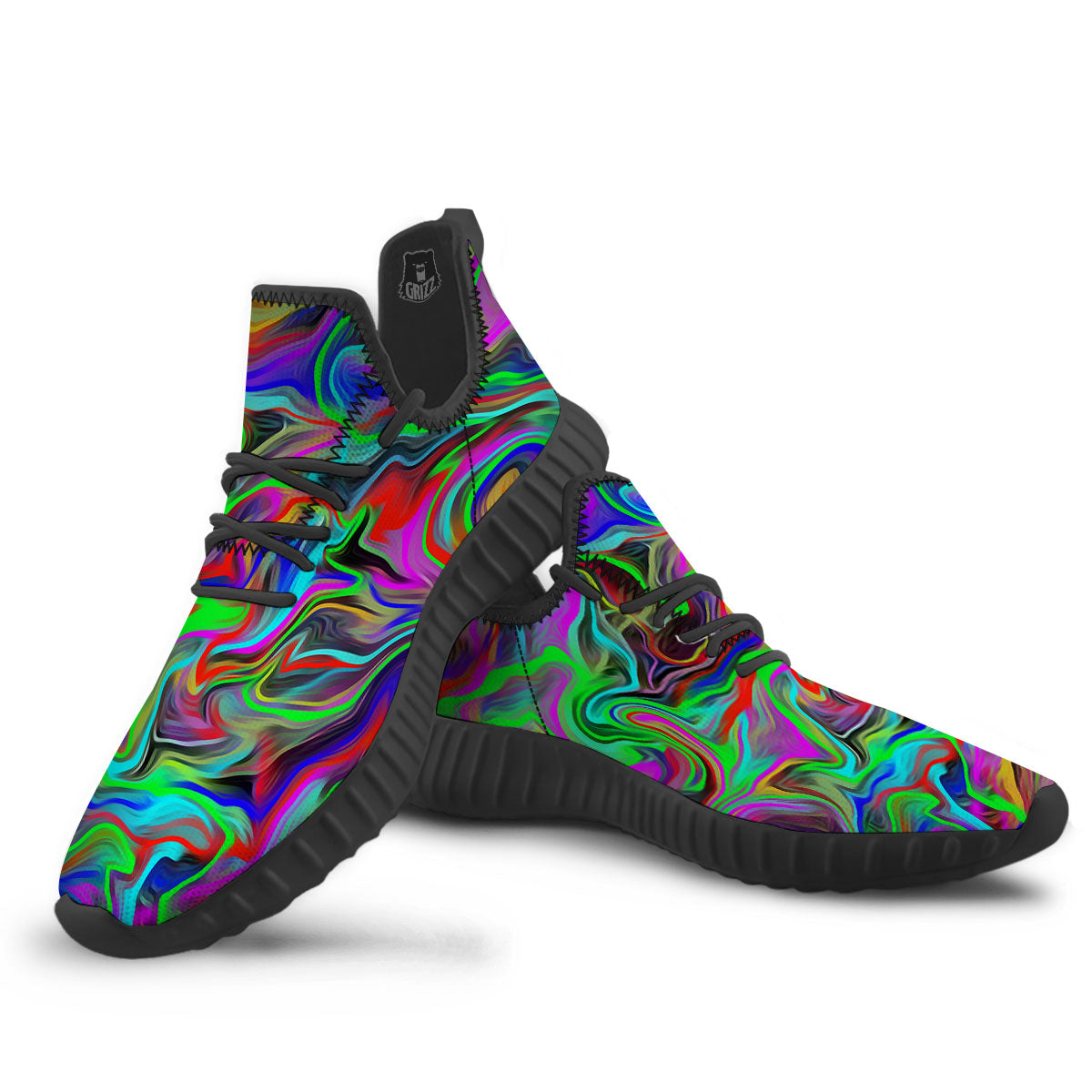 Psychedelic Trippy Neon Green Print Black Walking Shoes-grizzshop