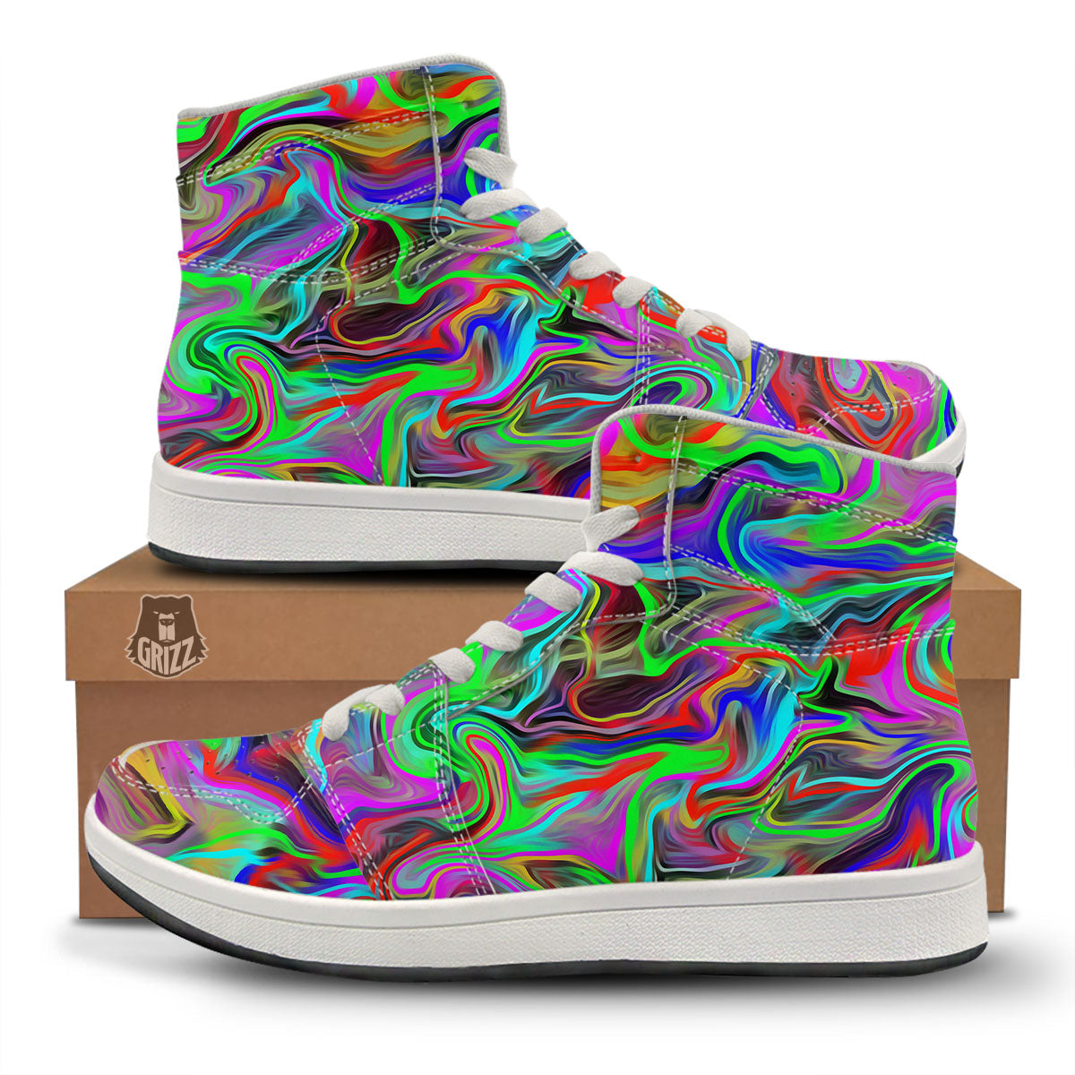 Psychedelic Trippy Neon Green Print High Top Sneakers-grizzshop