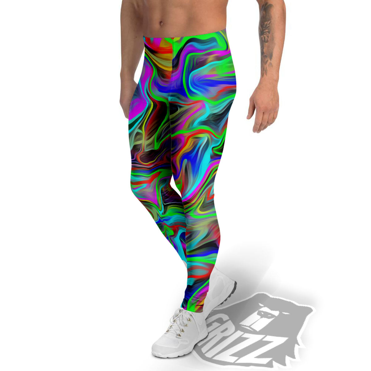 Psychedelic Trippy Neon Green Print Men's Leggings-grizzshop