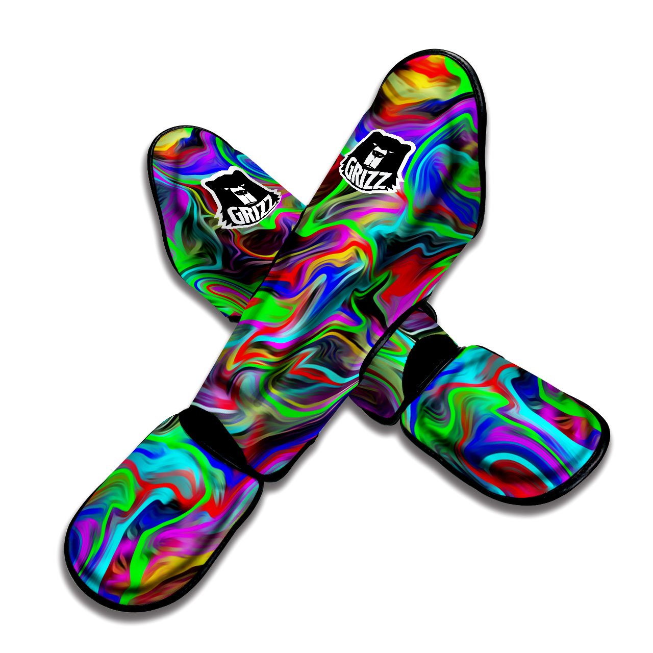 Psychedelic Trippy Neon Green Print Muay Thai Shin Guards-grizzshop