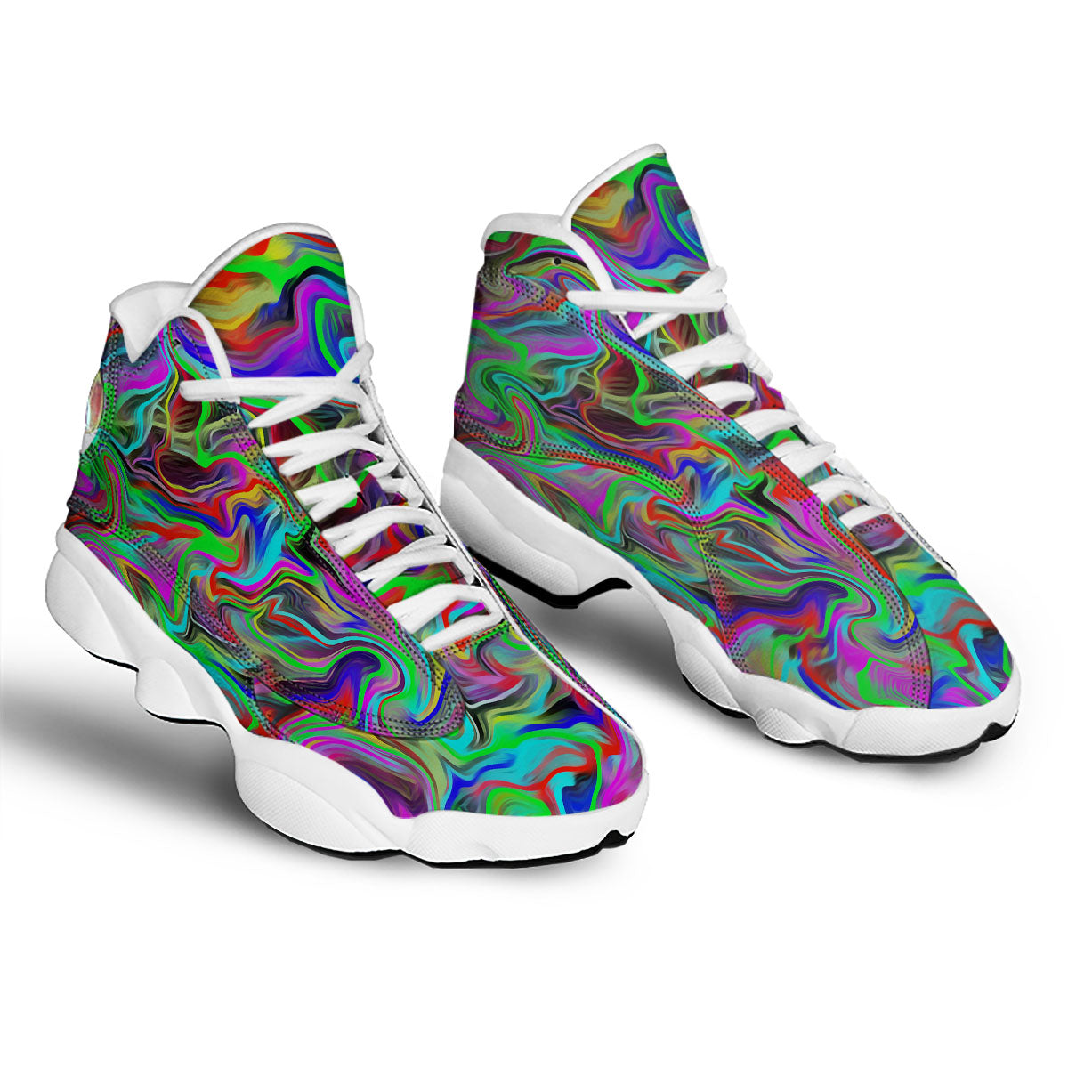 Psychedelic Trippy Neon Green Print White Basketball Shoes-grizzshop