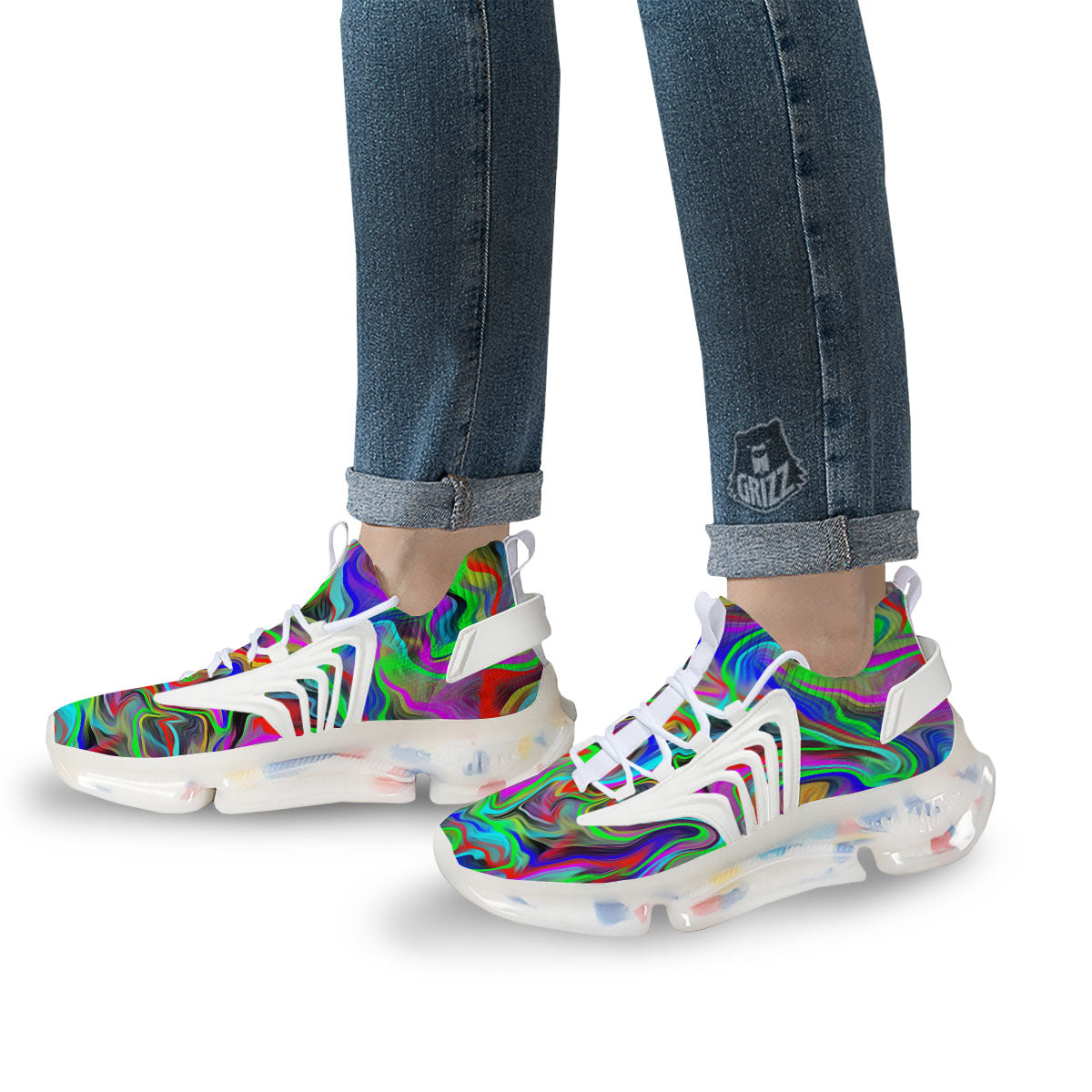 Psychedelic Trippy Neon Green Print White Gym Shoes-grizzshop