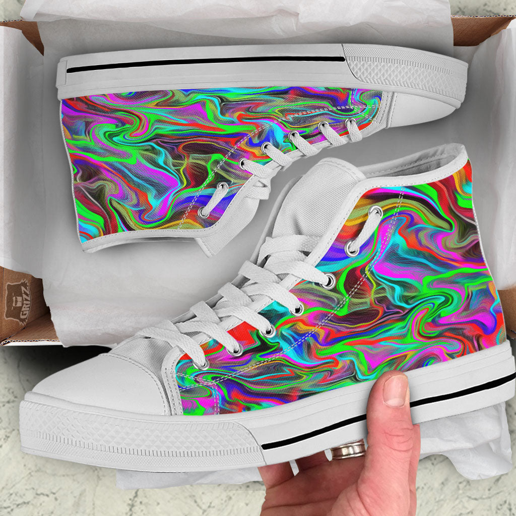 Psychedelic Trippy Neon Green Print White High Top Shoes-grizzshop