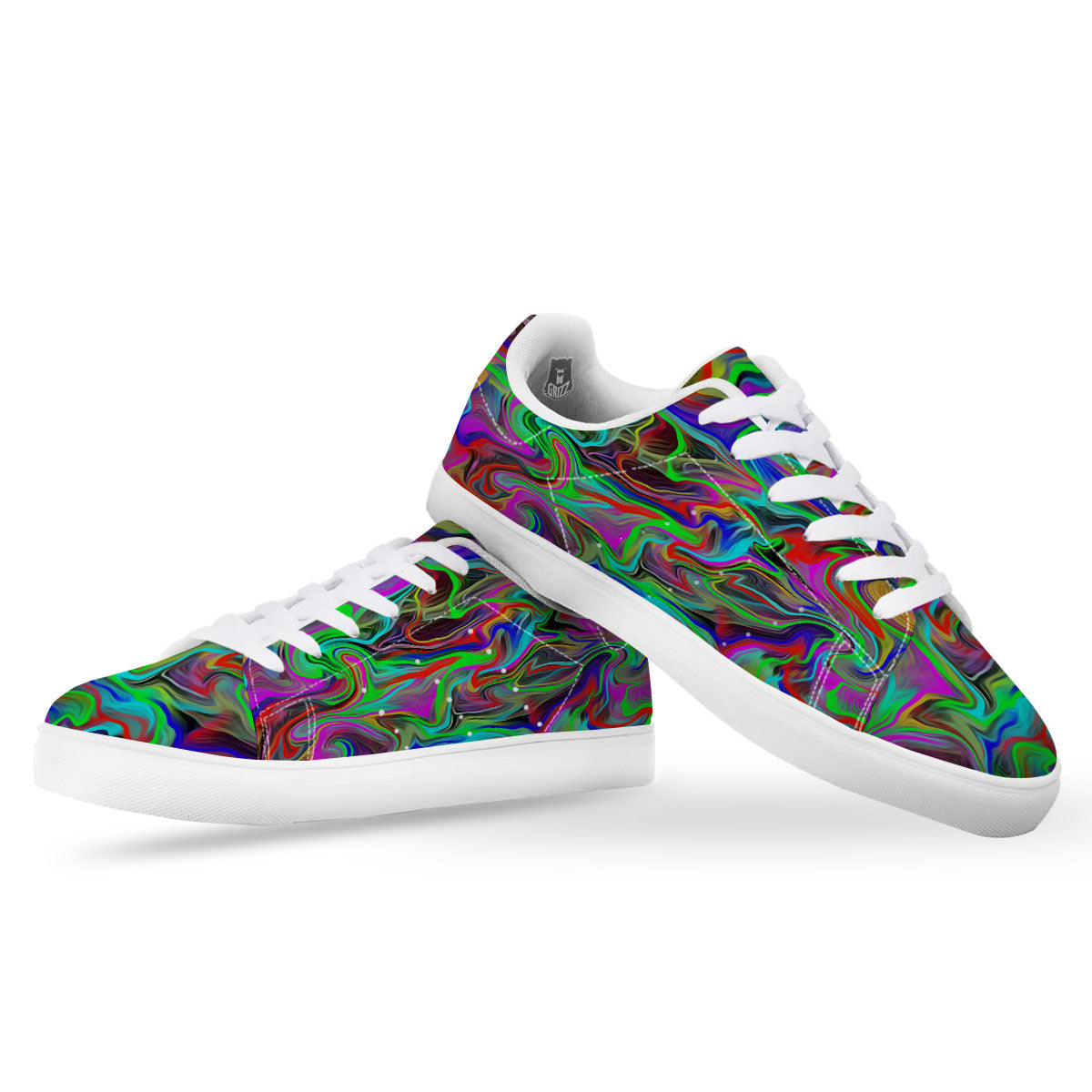 Psychedelic Trippy Neon Green Print White Low Top Sneakers-grizzshop