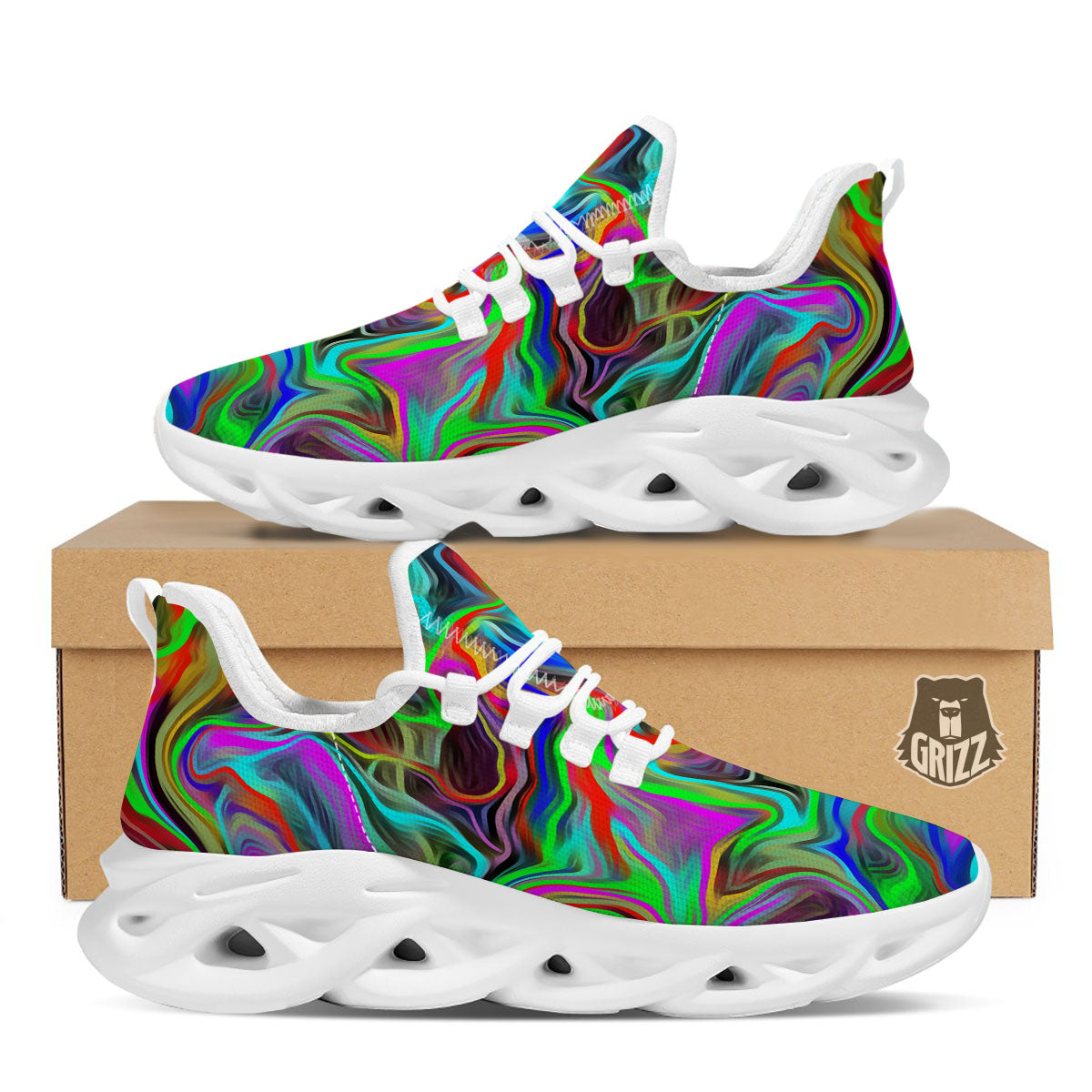 Psychedelic Trippy Neon Green Print White Running Shoes-grizzshop