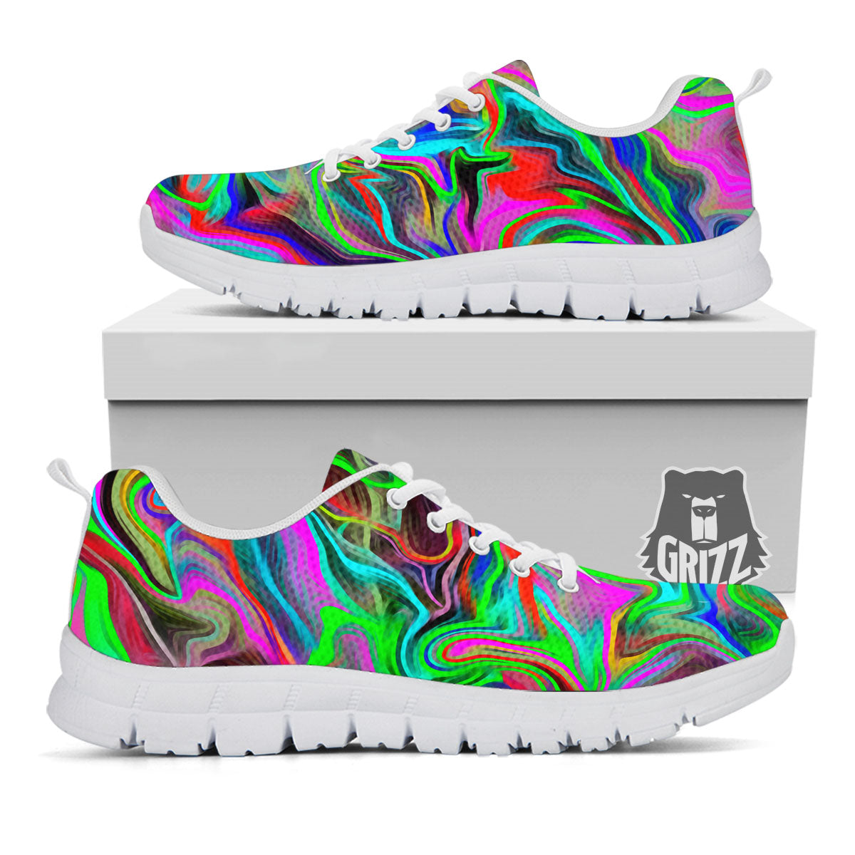 Psychedelic Trippy Neon Green Print White Sneaker-grizzshop