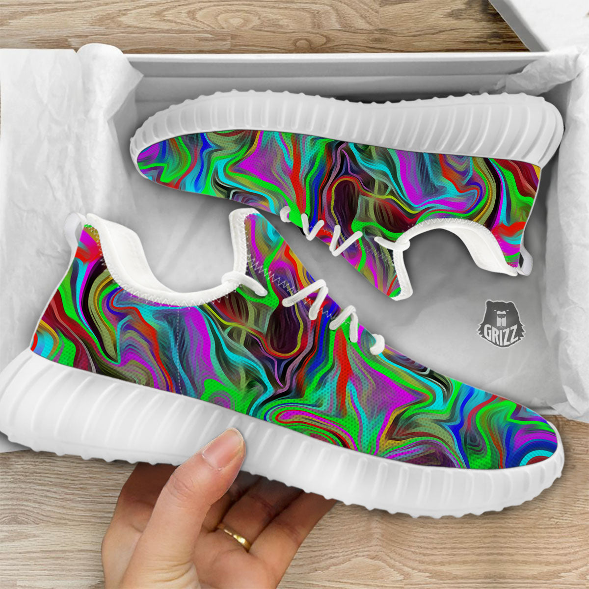 Psychedelic Trippy Neon Green Print White Walking Shoes-grizzshop