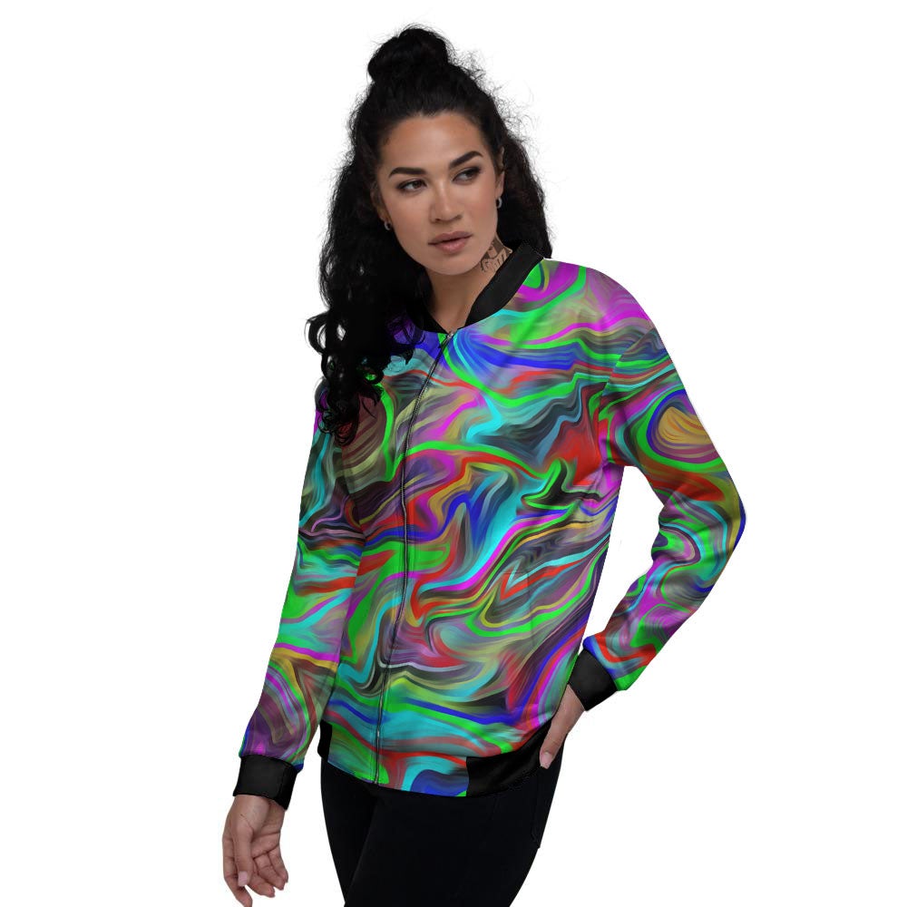 Psychedelic Trippy Neon Green Print Women's Bomber Jacket-grizzshop