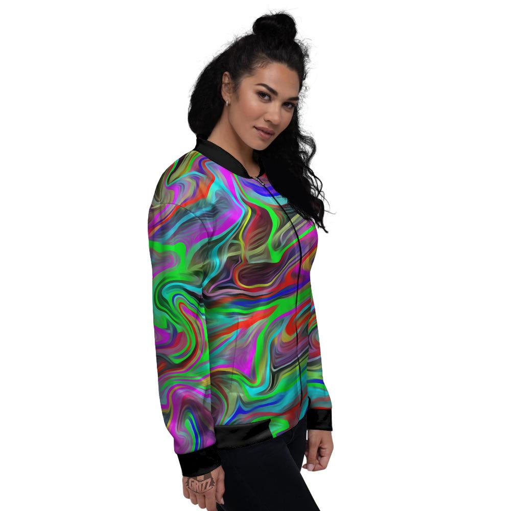 Psychedelic Trippy Neon Green Print Women's Bomber Jacket-grizzshop