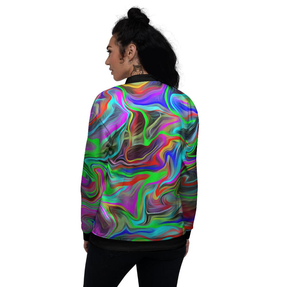 Psychedelic Trippy Neon Green Print Women's Bomber Jacket-grizzshop