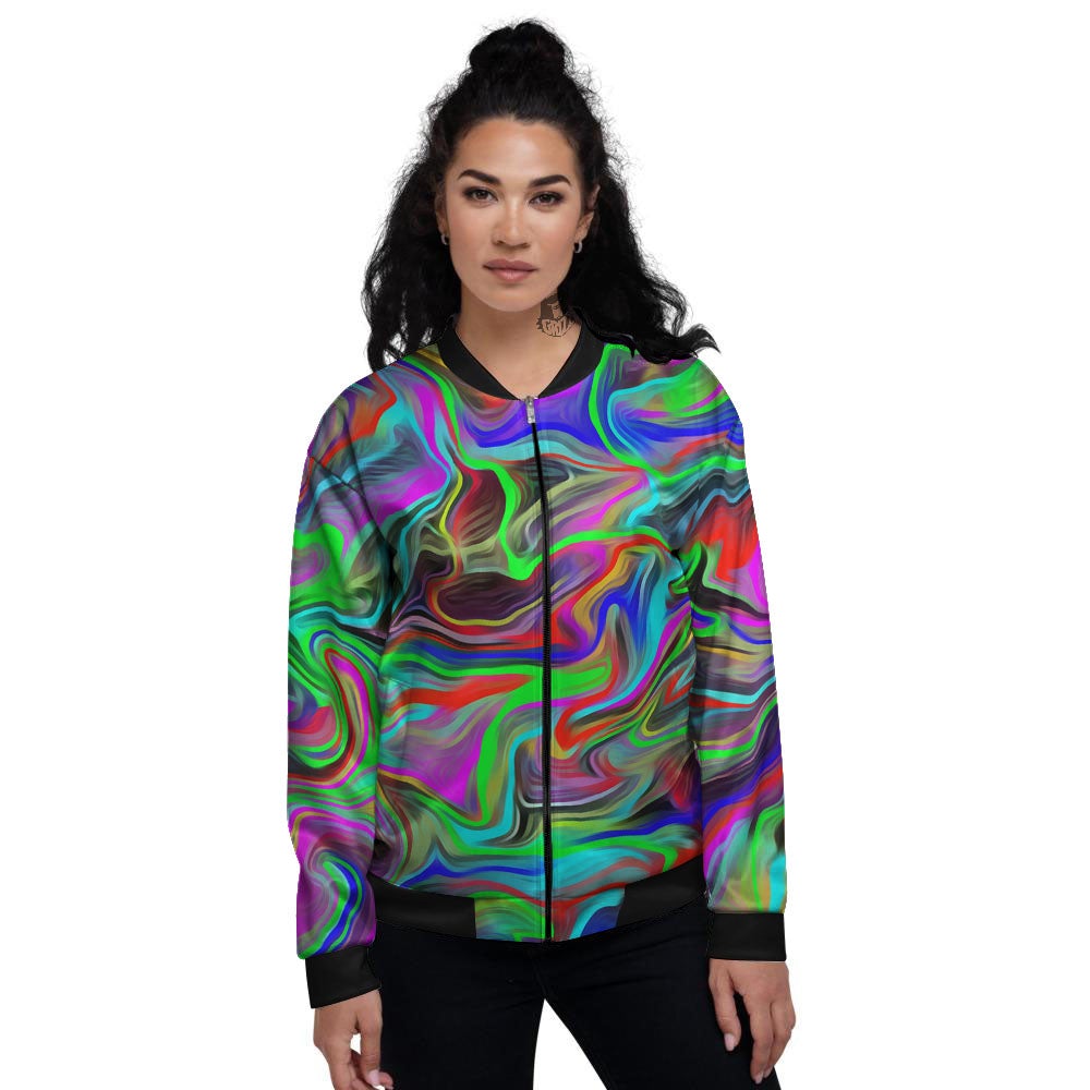 Psychedelic Trippy Neon Green Print Women's Bomber Jacket-grizzshop